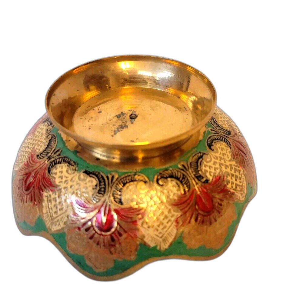 Vintage Solid Brass Hand Painted Pedestal Trinket Decorative Bowl